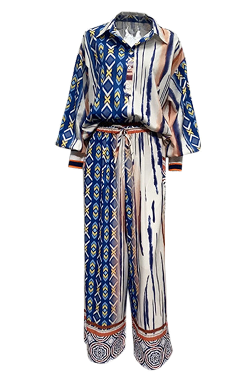 Printed Lantern Sleeve Top and Wide Leg Pants Set-[Adult]-[Female]-2022 Online Blue Zone Planet