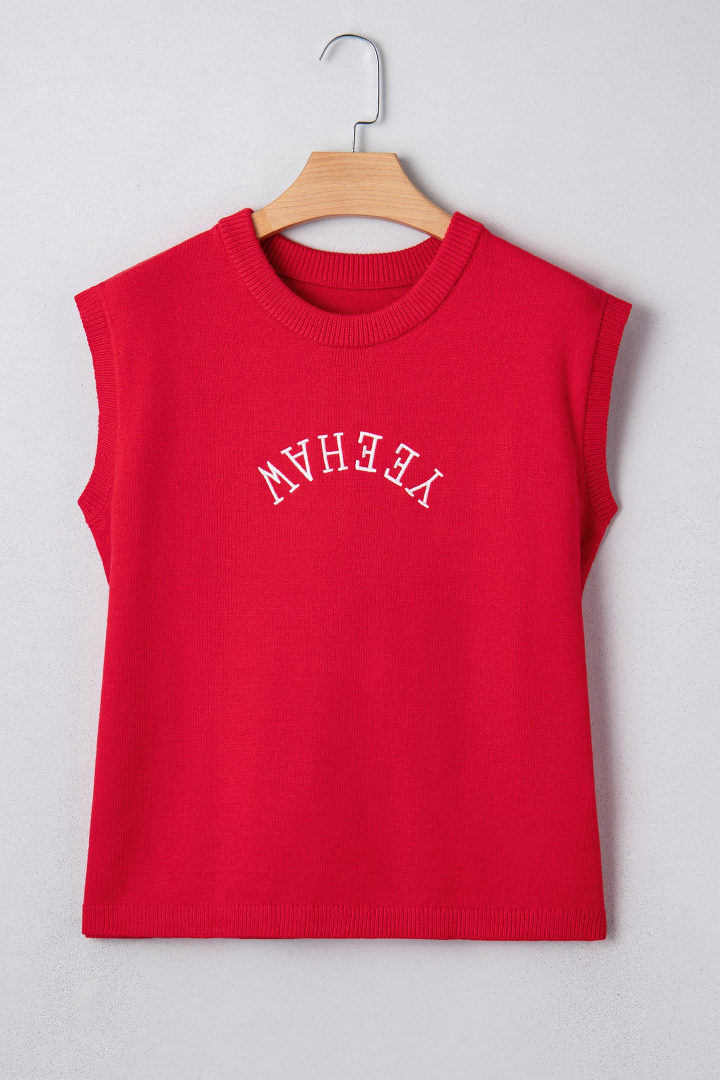 Fiery Red Yeehaw Embroidered Letter Loose Short Sleeve Sweater-TOPS / DRESSES-[Adult]-[Female]-2022 Online Blue Zone Planet