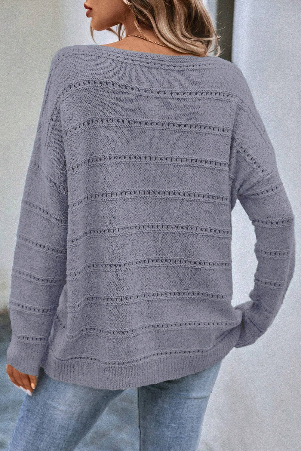 Pale Khaki Boat Neck Drop Shoulder Pointelle Knit Sweater-Sweaters & Cardigans/Sweaters-[Adult]-[Female]-2022 Online Blue Zone Planet