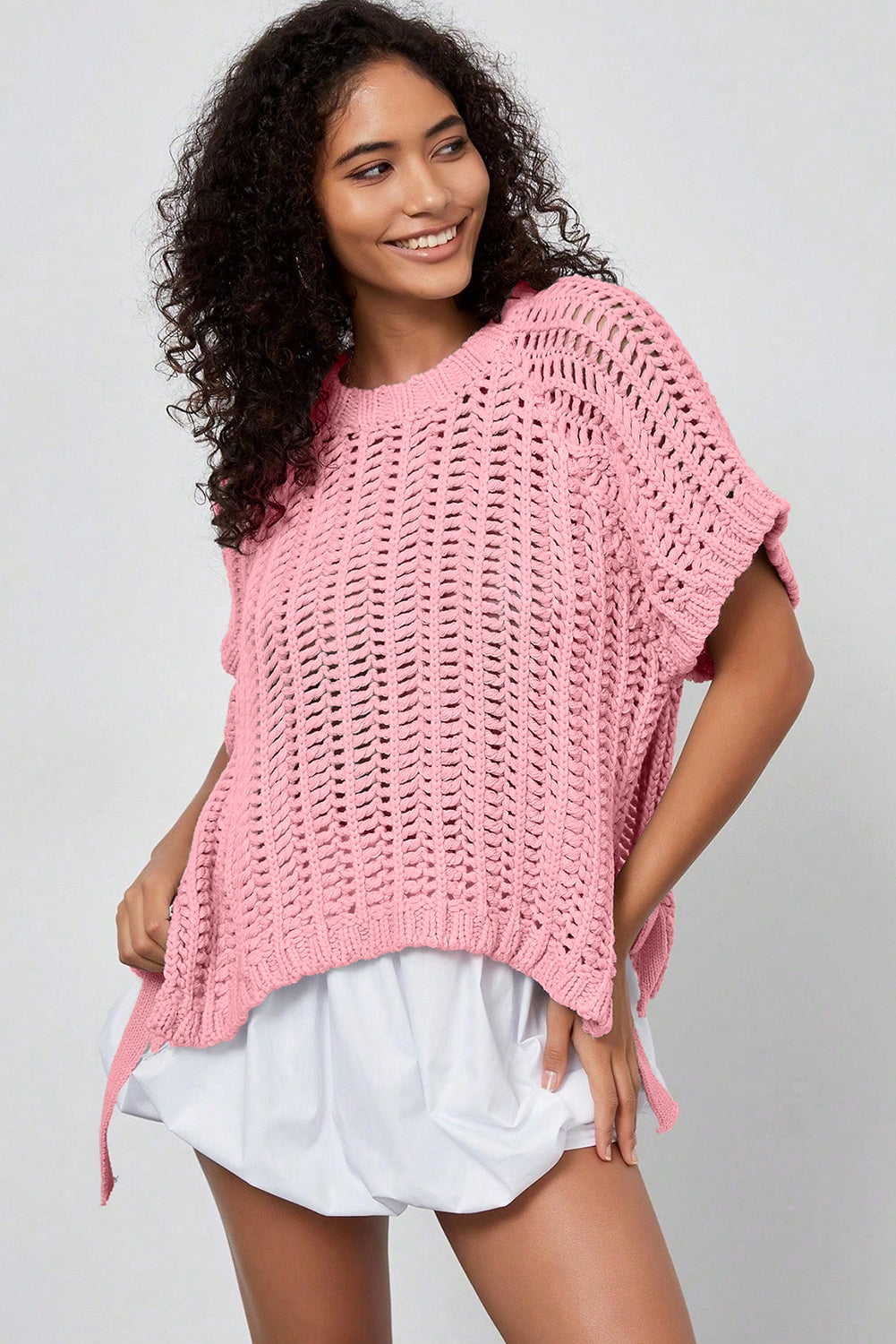 Pink Plus Size Open Knit Bow Tie Short Sleeve Sweater-Plus Size/Plus Size Tops/Plus Size Tops & Tees-[Adult]-[Female]-2022 Online Blue Zone Planet