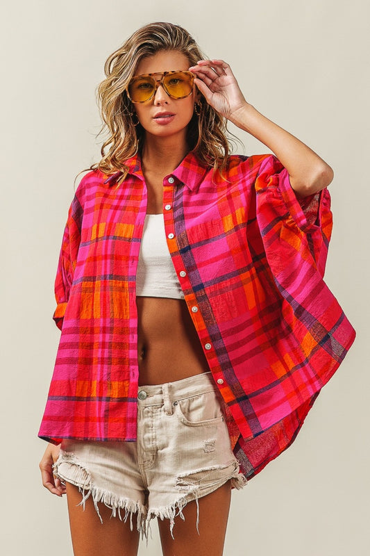 BiBi Button Up Dolman Sleeve Plaid Shirt-TOPS / DRESSES-[Adult]-[Female]-Fuchsia Multi-S-2022 Online Blue Zone Planet