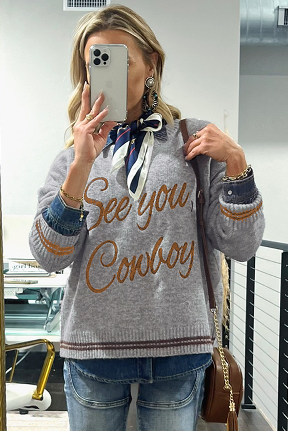 Light Grey See You Cowboy Embroidered Western Graphic Sweater-TOPS / DRESSES-[Adult]-[Female]-2022 Online Blue Zone Planet