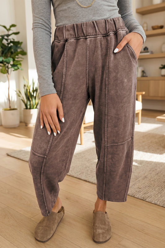 Coffee Mineral Wash Seam Detail Elastic Waist Barrel Pants-Bottoms/Pants & Culotte-[Adult]-[Female]-Coffee-S-2022 Online Blue Zone Planet