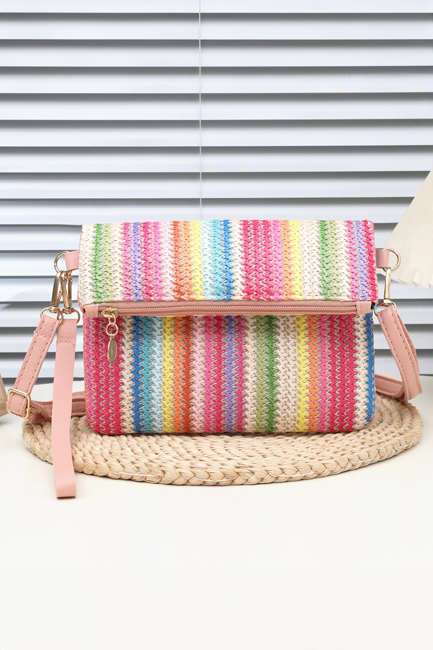 Pink Striped Straw Woven Zip Folded Magnetic Button Shoulder Bag-Shoes & Bags/Shoulder Bags-[Adult]-[Female]-Pink-ONE SIZE-2022 Online Blue Zone Planet