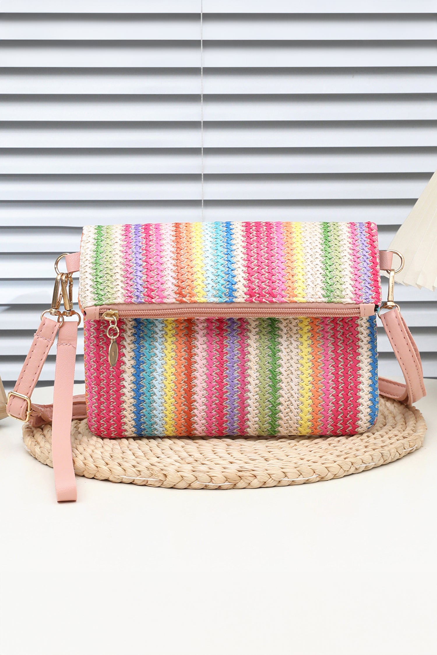 Pink Striped Straw Woven Zip Folded Magnetic Button Shoulder Bag-Shoes & Bags/Shoulder Bags-[Adult]-[Female]-Pink-ONE SIZE-2022 Online Blue Zone Planet