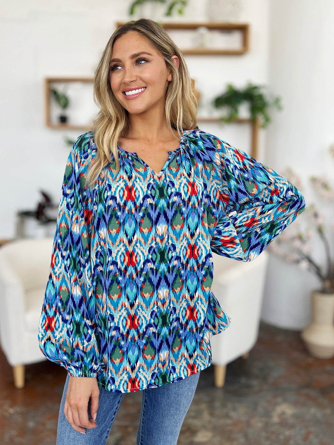 Blue Zone Planet | Double Take Full Size Printed Balloon Sleeve Blouse-TOPS / DRESSES-[Adult]-[Female]-2022 Online Blue Zone Planet