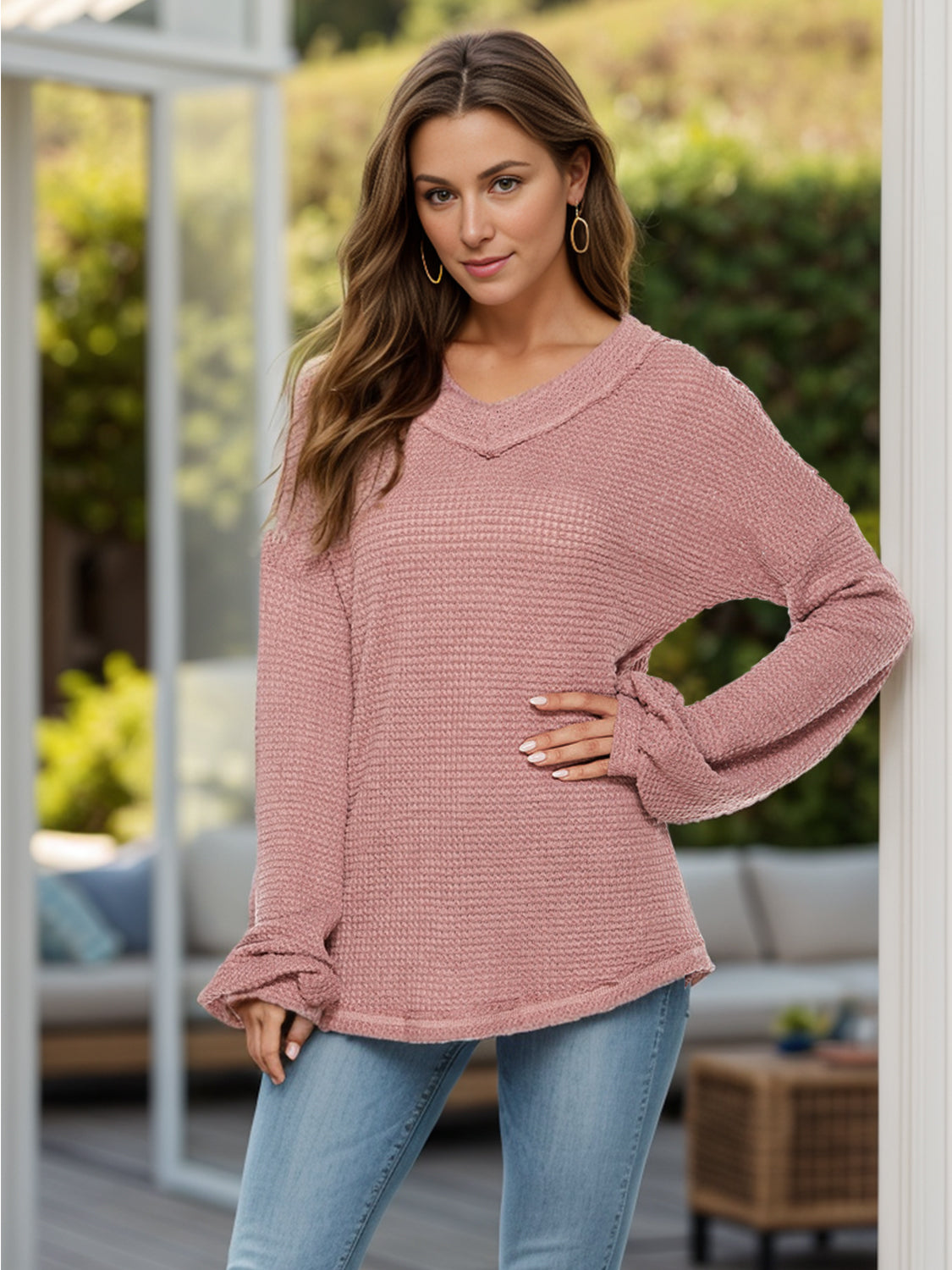 Dropped Shoulder Long Sleeve Knit Top-[Adult]-[Female]-Dusty Pink-S-2022 Online Blue Zone Planet