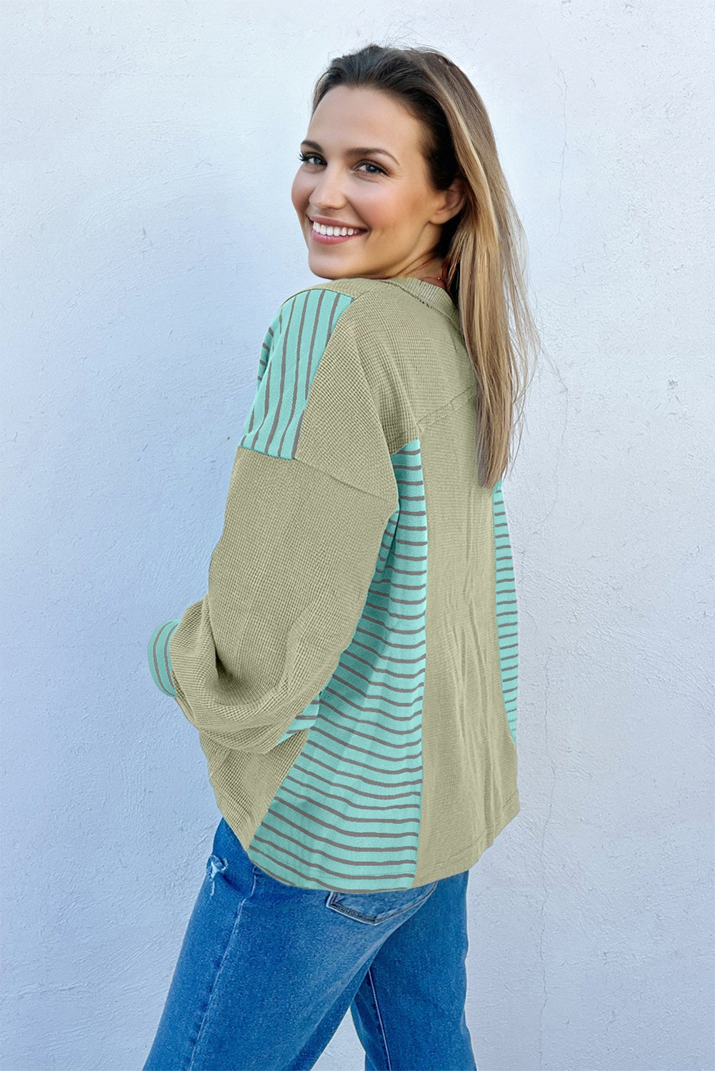 Meadow Mist Green Exposed Seam Waffle Striped Patchwork Baggy Pullover-Tops/Long Sleeve Tops-[Adult]-[Female]-2022 Online Blue Zone Planet