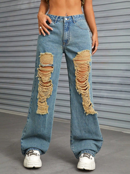 Distressed Wide Leg Jeans with Pockets-[Adult]-[Female]-Medium-XS-2022 Online Blue Zone Planet