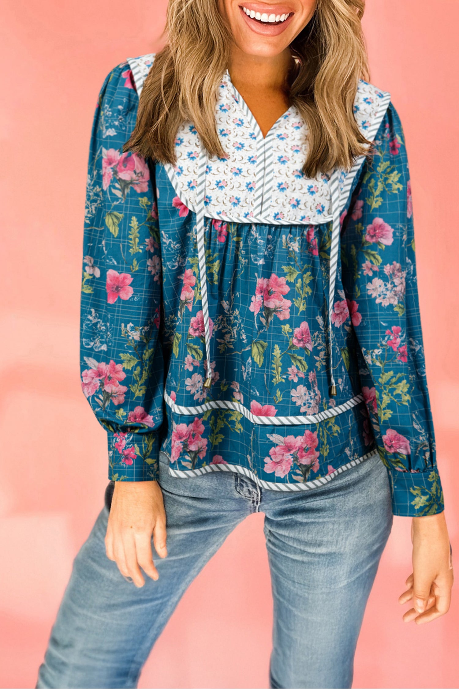 Sky Blue Floral Print Contrast Yoke Patchwork Striped Trim Long Puff Sleeve Blouse-Tops/Blouses & Shirts-[Adult]-[Female]-Sky Blue-S-2022 Online Blue Zone Planet