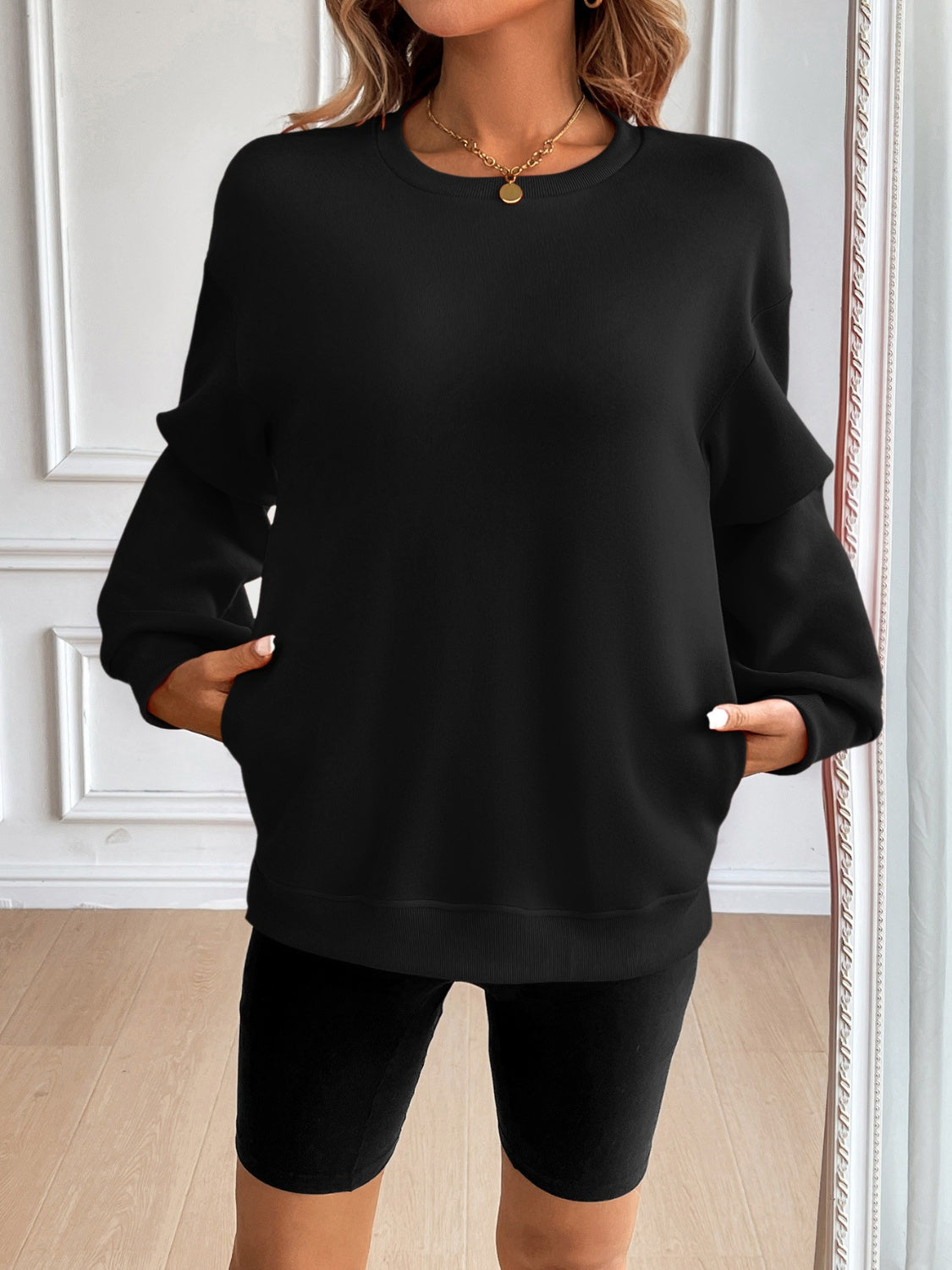 Ivy Lane Round Neck Long Sleeve Sweatshirt-TOPS / DRESSES-[Adult]-[Female]-Black-S-2022 Online Blue Zone Planet