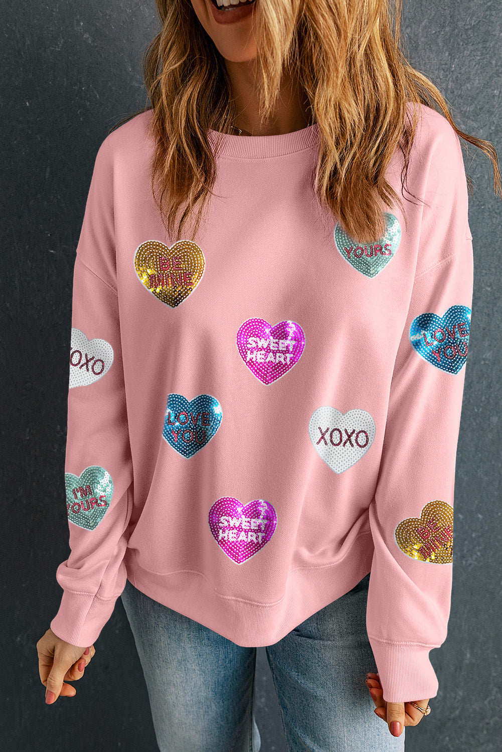 Pink Sequin Romantic Sweet Heart Graphic Valentines Sweatshirt-Graphic Tees-[Adult]-[Female]-Pink-S-2022 Online Blue Zone Planet