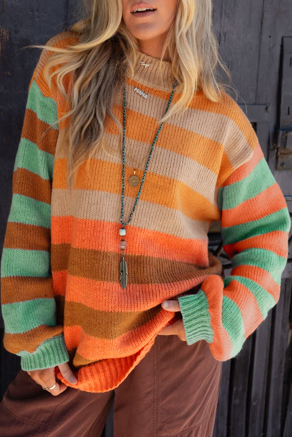 Orange Stripe Color Block High Neck Drop Shoulder Cozy Sweater-Sweaters & Cardigans/Sweaters-[Adult]-[Female]-2022 Online Blue Zone Planet