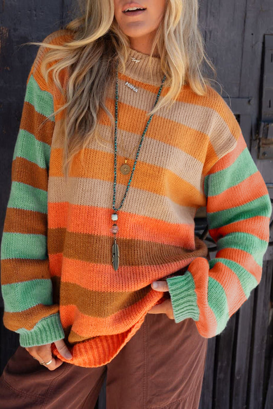 Orange Stripe Color Block High Neck Drop Shoulder Cozy Sweater-Sweaters & Cardigans/Sweaters-[Adult]-[Female]-2022 Online Blue Zone Planet