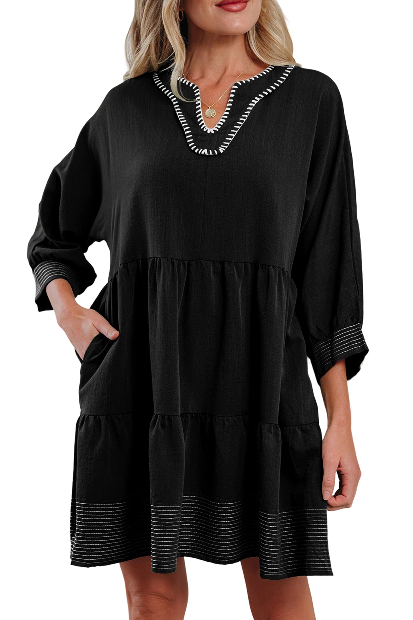 Black Contrast Stitched V Neck 3/4 Sleeve Tiered Mini Dress-Dresses/Mini Dresses-[Adult]-[Female]-2022 Online Blue Zone Planet