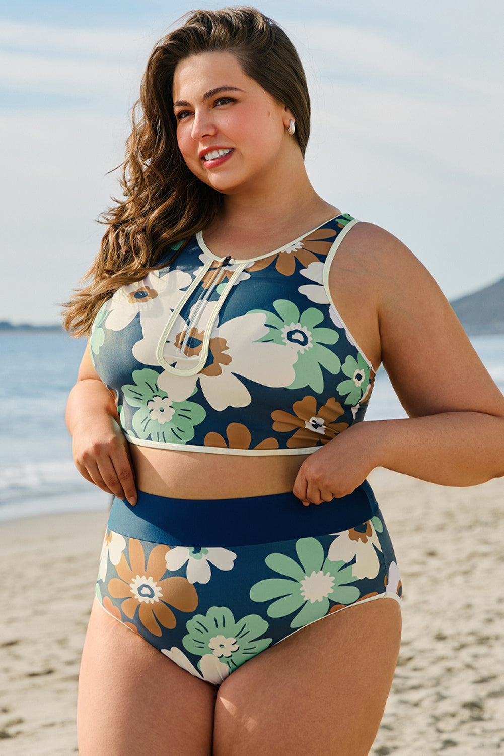 Green Floral Print Zipped Plus Size Two Pieces Bikini-Bikini Sets-[Adult]-[Female]-2022 Online Blue Zone Planet
