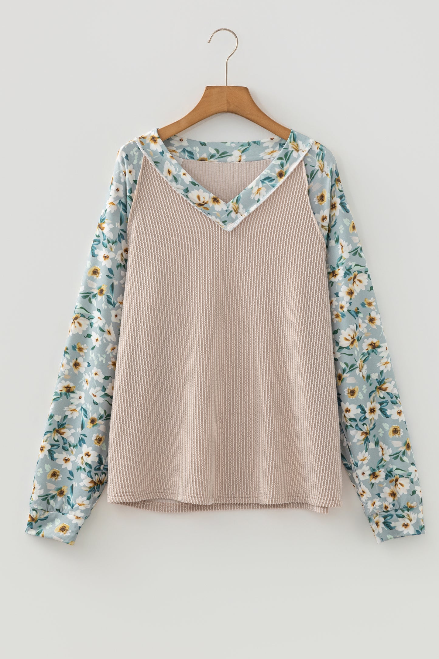 Parchment Twist Ribbed Floral Contrast Patchwork Long Sleeve Top-Tops/Long Sleeve Tops-[Adult]-[Female]-2022 Online Blue Zone Planet