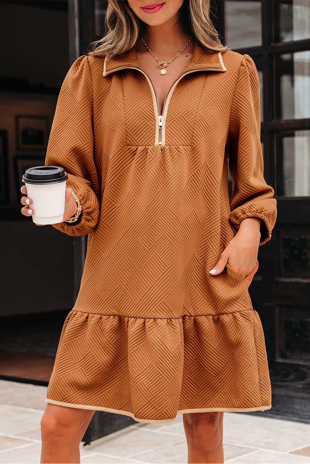 Desert Gold Quarter Zip Collar Bracelet Sleeve Textured Mini Dress-TOPS / DRESSES-[Adult]-[Female]-2022 Online Blue Zone Planet