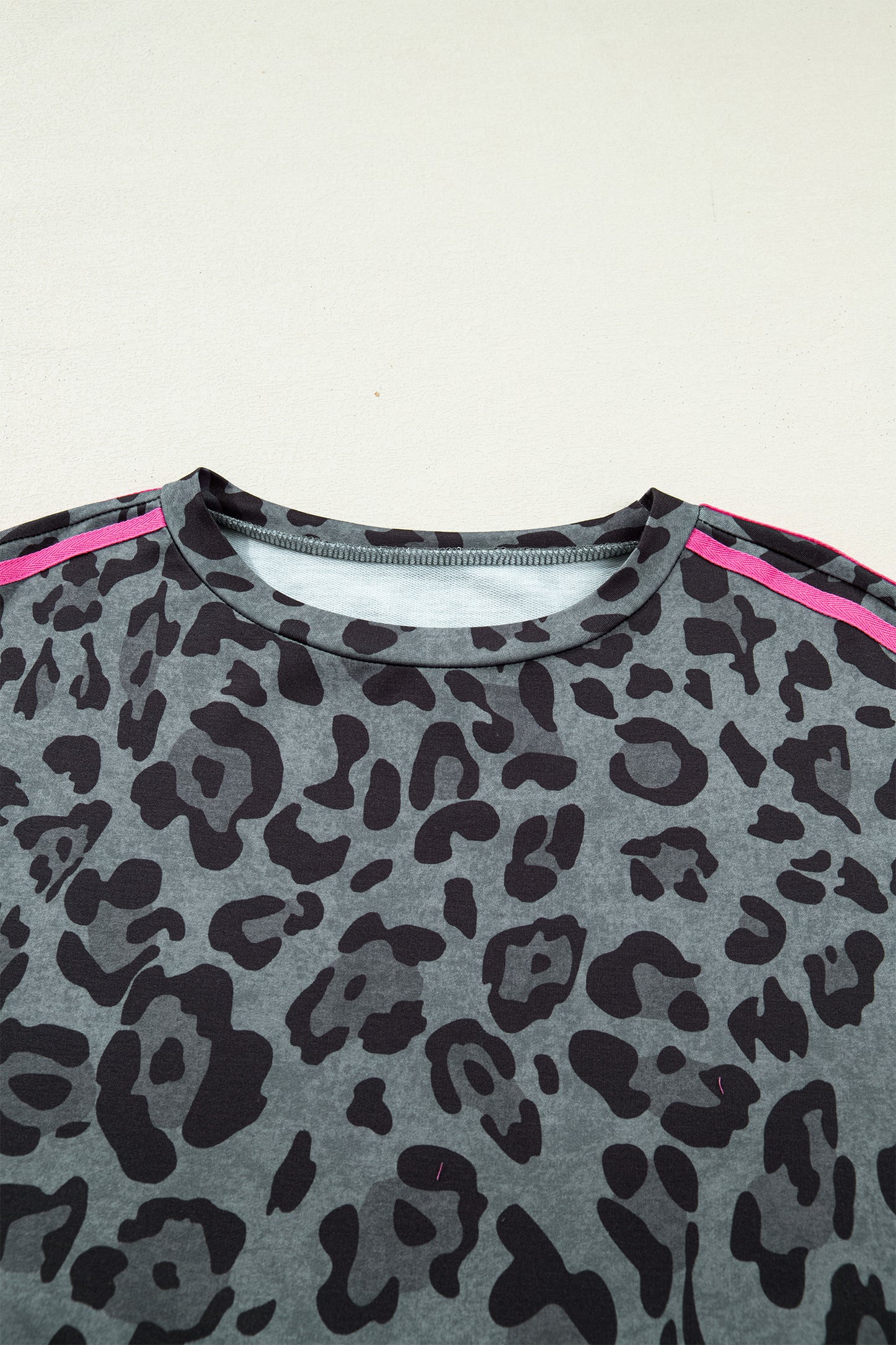 Gray Leopard Print Varsity Striped Trim Long Sleeve Top-Tops/Long Sleeve Tops-[Adult]-[Female]-2022 Online Blue Zone Planet