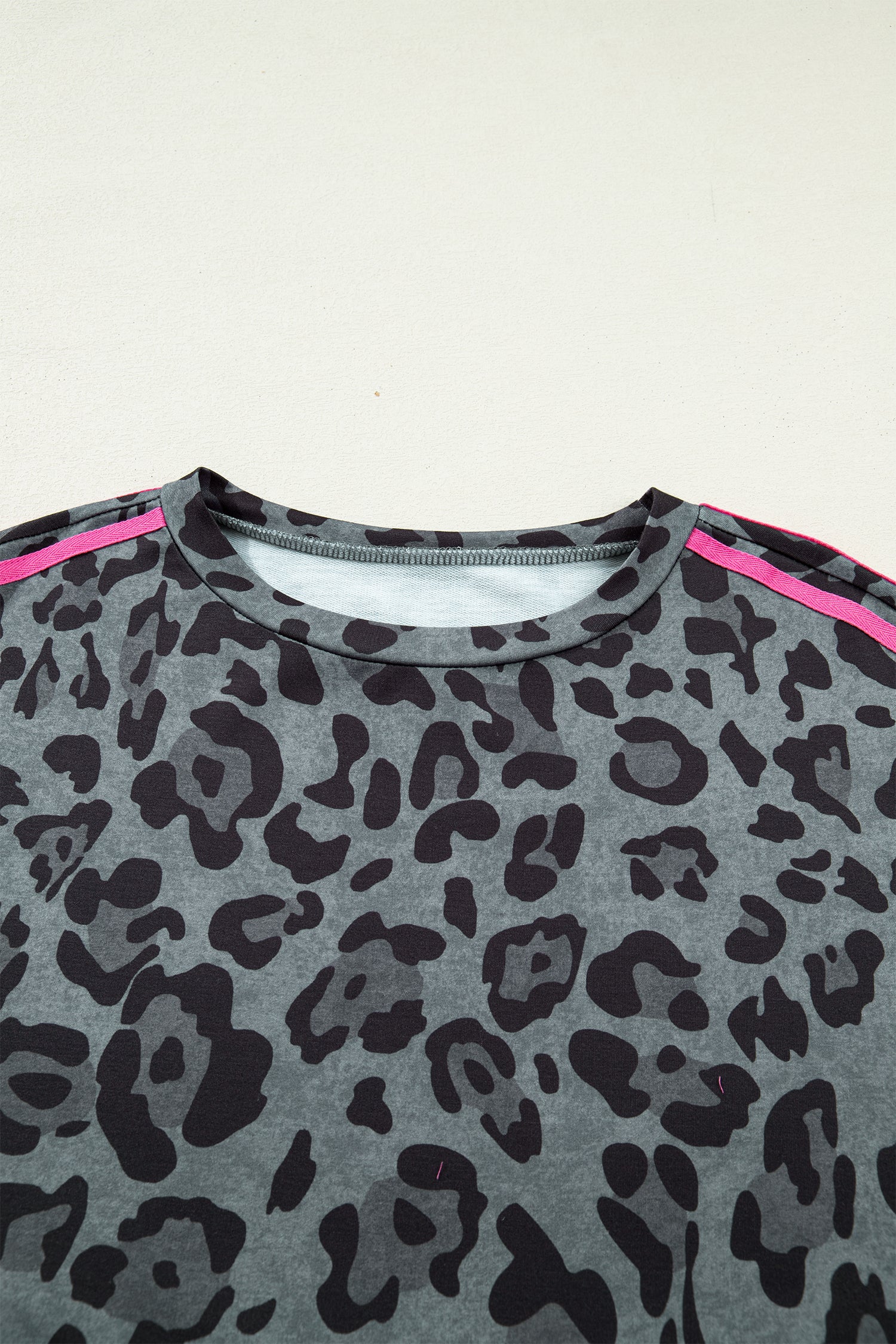 Gray Leopard Print Varsity Striped Trim Long Sleeve Top-Tops/Long Sleeve Tops-[Adult]-[Female]-2022 Online Blue Zone Planet