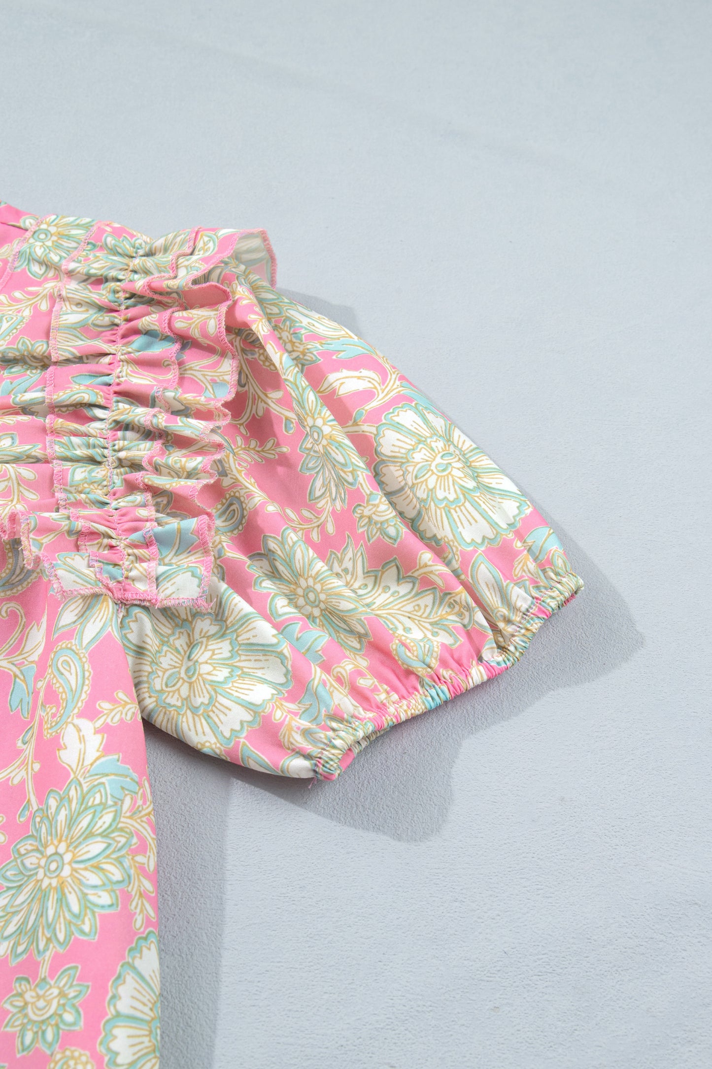 Pink Tie V Neck Floral Short Puff Sleeve Blouse-Tops/Blouses & Shirts-[Adult]-[Female]-2022 Online Blue Zone Planet
