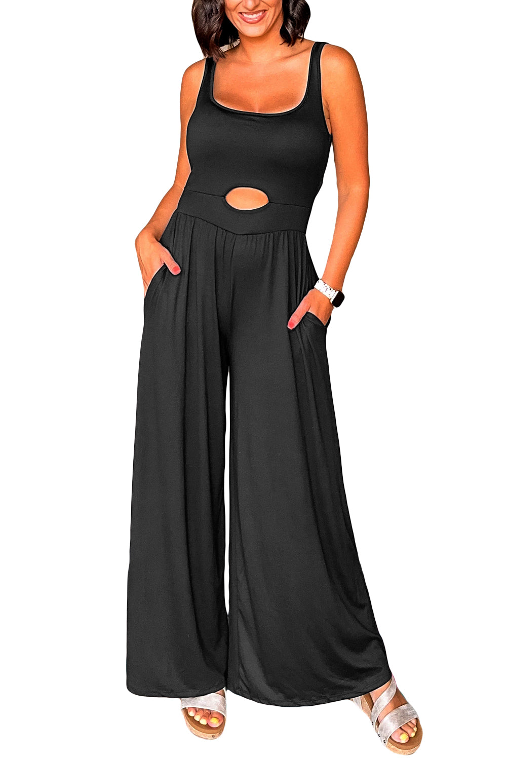 Black Solid Color Cutout Wide Leg Jumpsuit-Jumpsuits-[Adult]-[Female]-2022 Online Blue Zone Planet