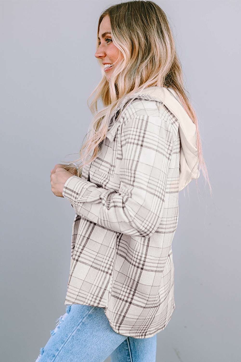 Khaki Plaid Removable Hood Buttoned Shacket-Outerwear/Plaid Shackets-[Adult]-[Female]-2022 Online Blue Zone Planet