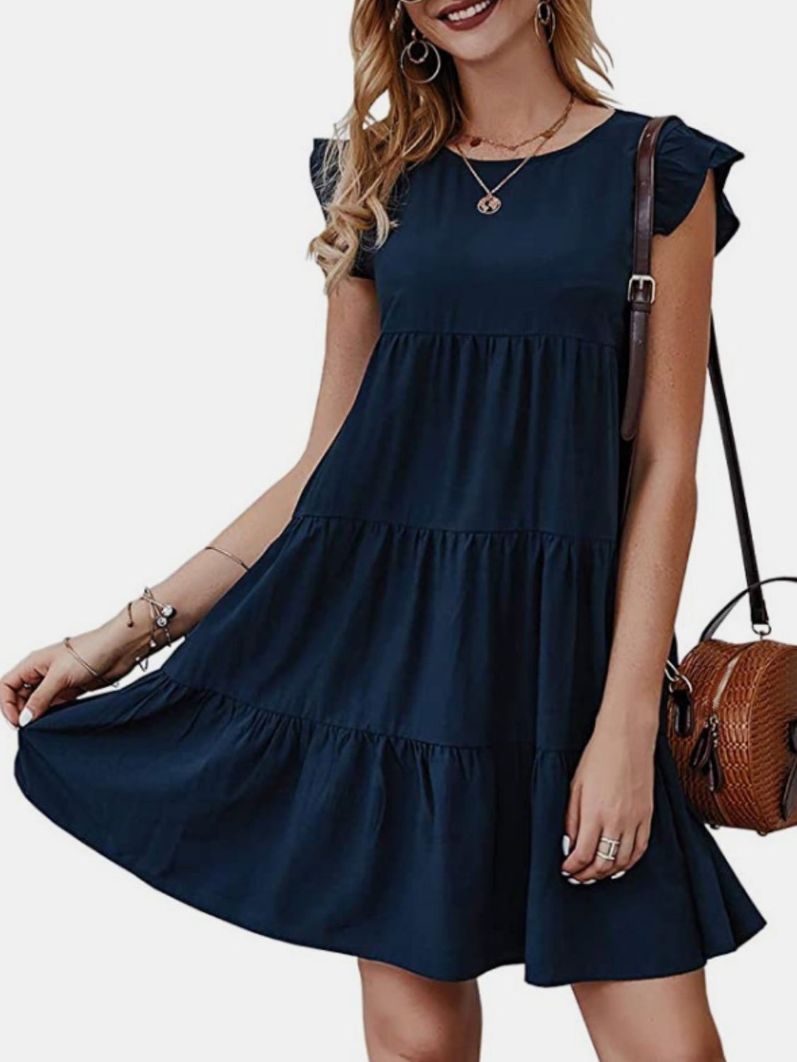 Ruffled Round Neck Cap Sleeve Mini Dress-TOPS / DRESSES-[Adult]-[Female]-Dark Blue-S-2022 Online Blue Zone Planet