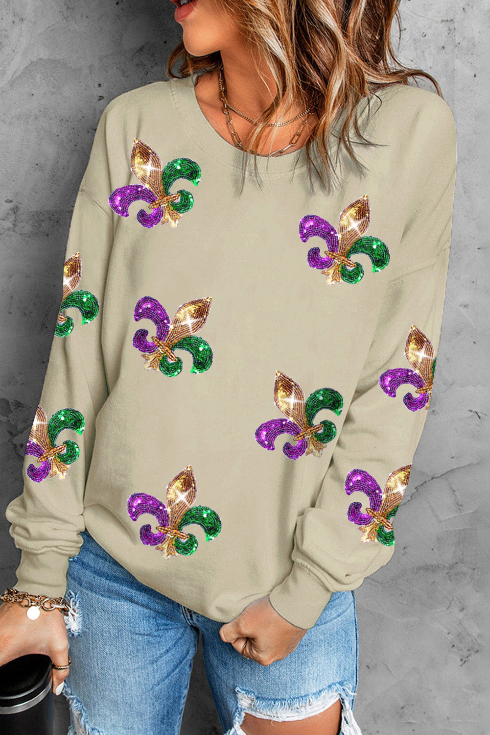 Khaki Sequin Mardi Gras Graphic Pullover Sweatshirt-Graphic/Graphic Sweatshirts-[Adult]-[Female]-2022 Online Blue Zone Planet