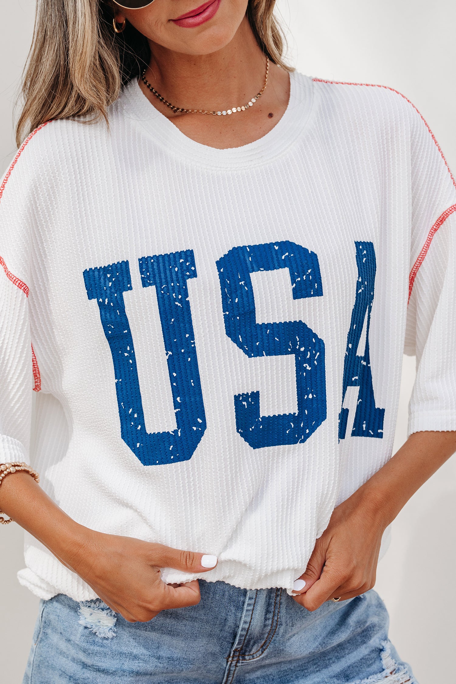 Fiery Red Usa Graphic Half Sleeve Loose Ribbed Top-Tops/Tops & Tees-[Adult]-[Female]-2022 Online Blue Zone Planet