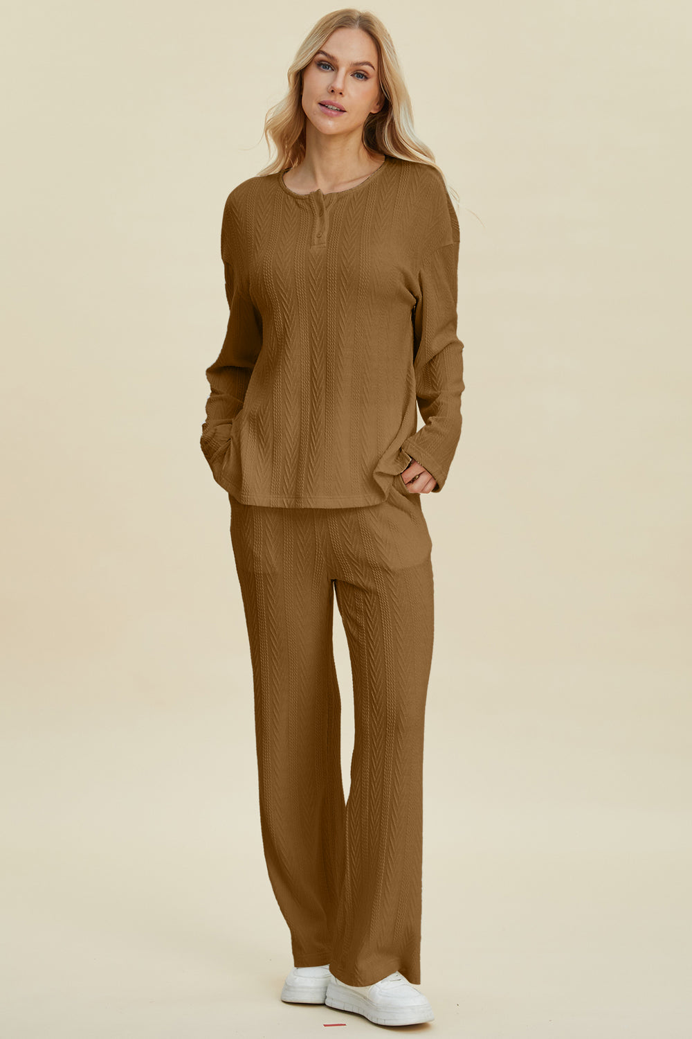 Double Take Full Size Cable-Knit Long Sleeve Top and Pants Set-TOPS / DRESSES-[Adult]-[Female]-Camel-S-2022 Online Blue Zone Planet