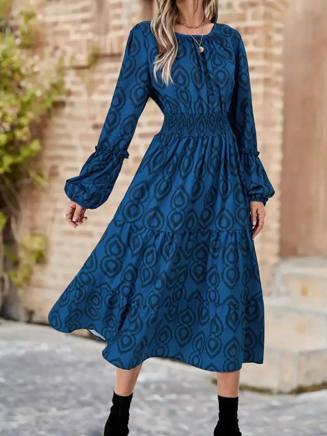 Smocked Round Neck Balloon Sleeve Midi Dress Dark Blue / L by Blue Zone Planet