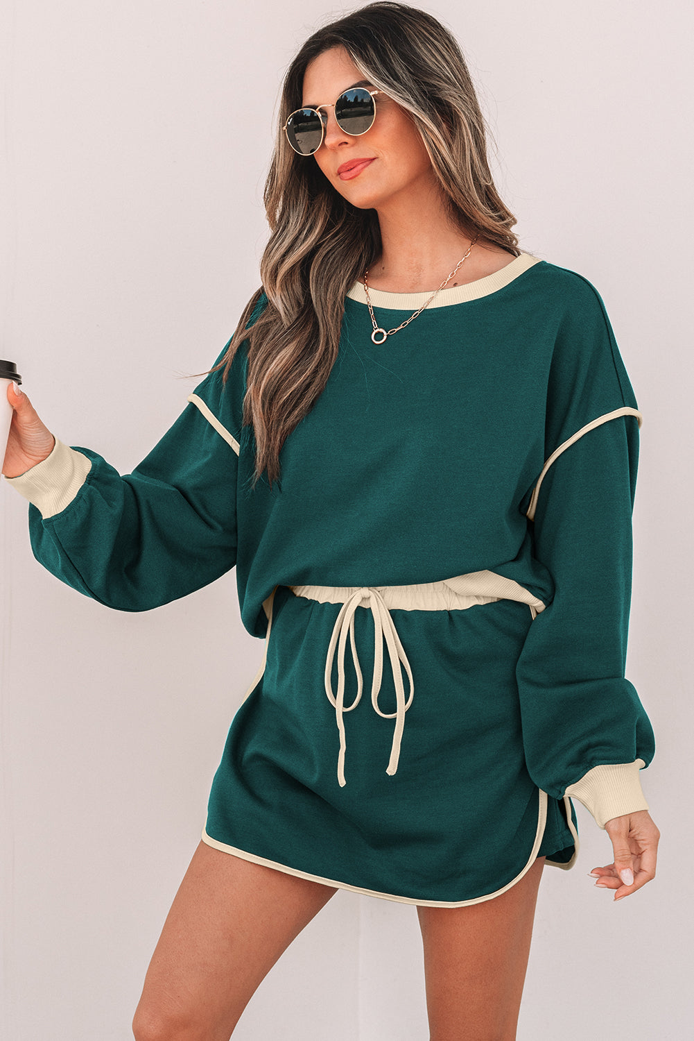 Blue Zone Planet | Rose Red Color Contrast Loose Pullover And Lace-Up Waist Skort Set-Two Piece Sets/Two Piece Dresses-[Adult]-[Female]-2022 Online Blue Zone Planet