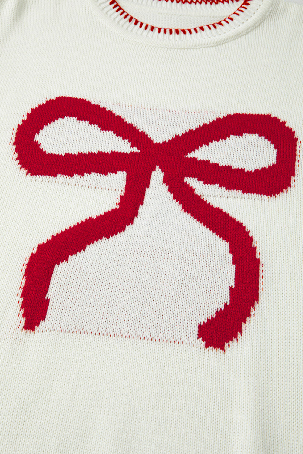 White Bow Pattern Contrast Trim Christmas Loose Graphic Sweater-TOPS / DRESSES-[Adult]-[Female]-2022 Online Blue Zone Planet