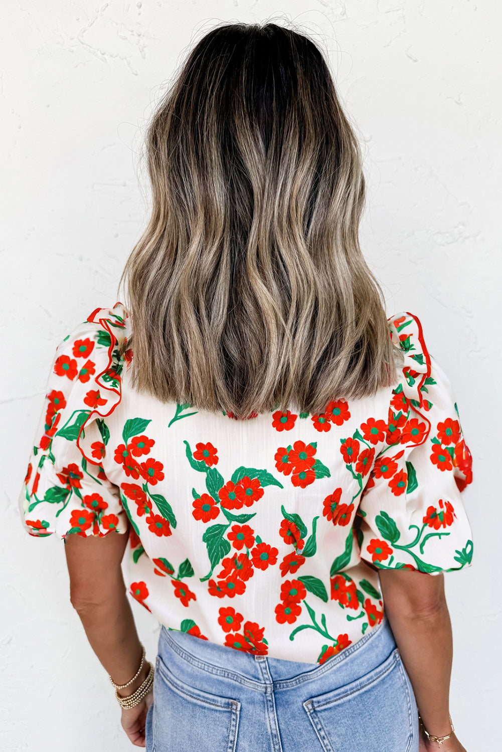 Red Floral Print Ruffled Puff Sleeve Elegant Summer Shirt-Tops/Blouses & Shirts-[Adult]-[Female]-2022 Online Blue Zone Planet