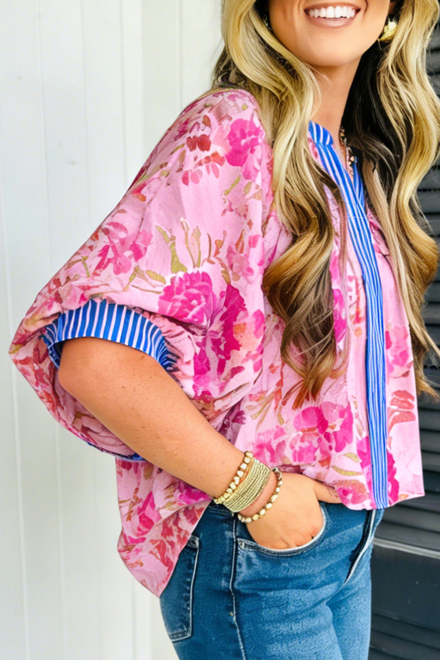 Multicolour Floral Half Sleeve Striped Trim V Neck Blouse-Tops/Blouses & Shirts-[Adult]-[Female]-2022 Online Blue Zone Planet
