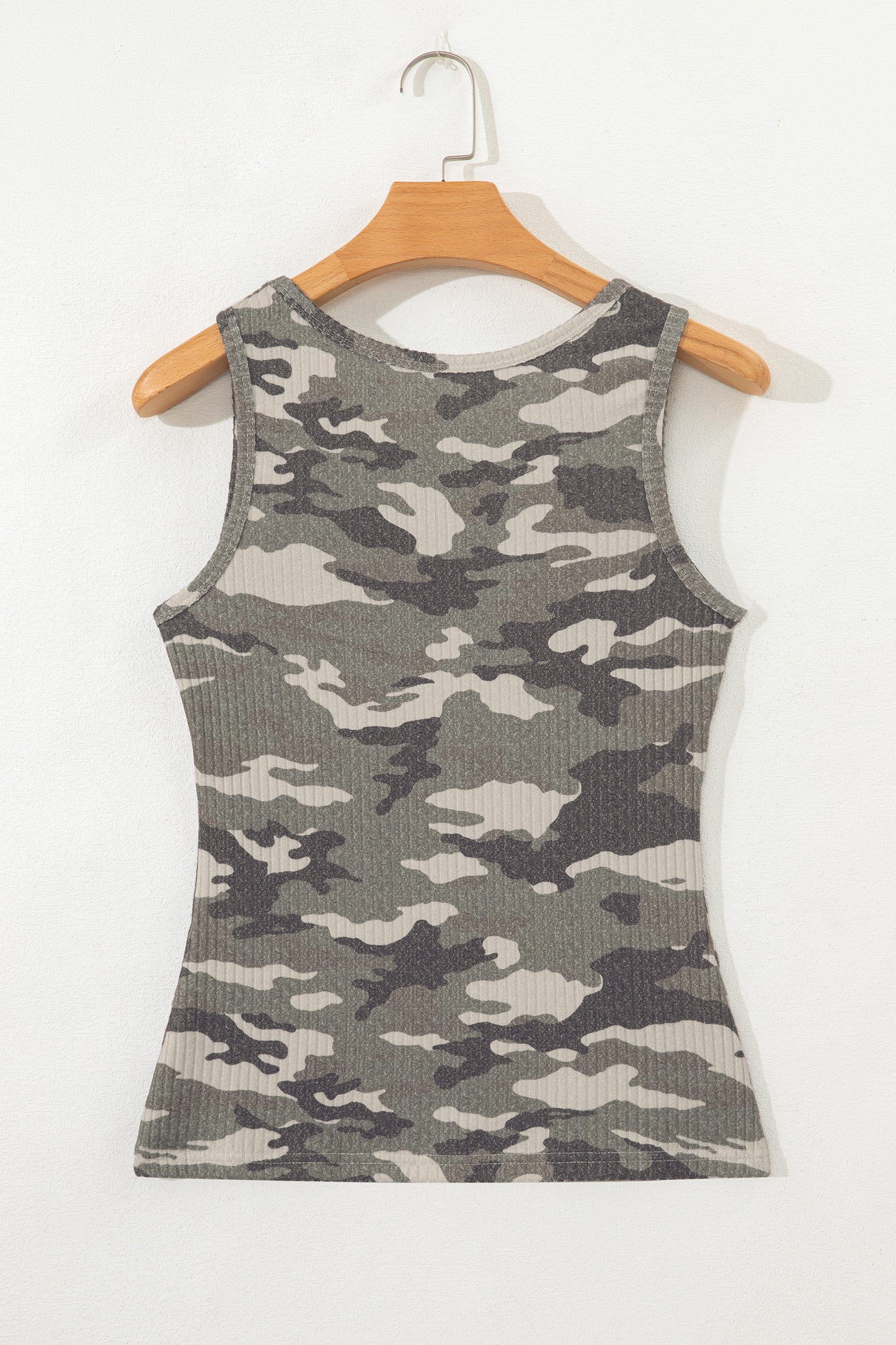 Green Camouflage Print Ribbed Knit Round Neck Tank Top-Tops/Tank Tops-[Adult]-[Female]-2022 Online Blue Zone Planet