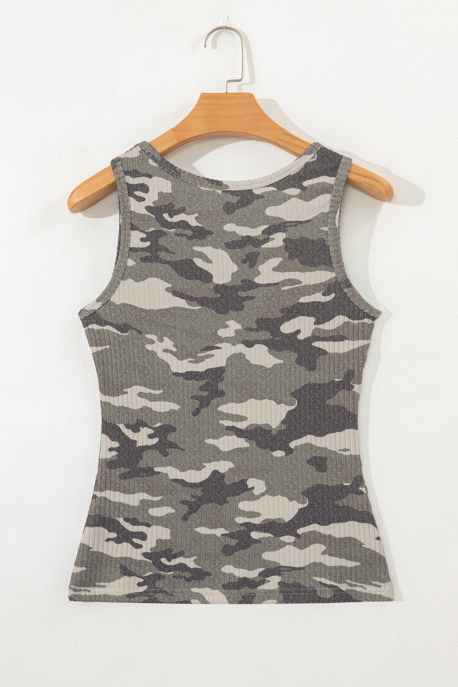 Green Camouflage Print Ribbed Knit Round Neck Tank Top-Tops/Tank Tops-[Adult]-[Female]-2022 Online Blue Zone Planet