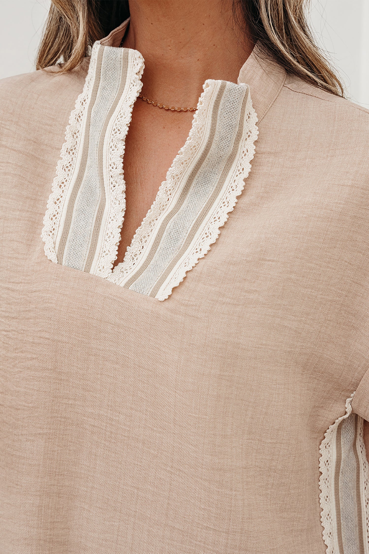 Parchment Crochet Lace Accent Pullover Rolled Short Sleeve Blouse-Tops/Blouses & Shirts-[Adult]-[Female]-2022 Online Blue Zone Planet