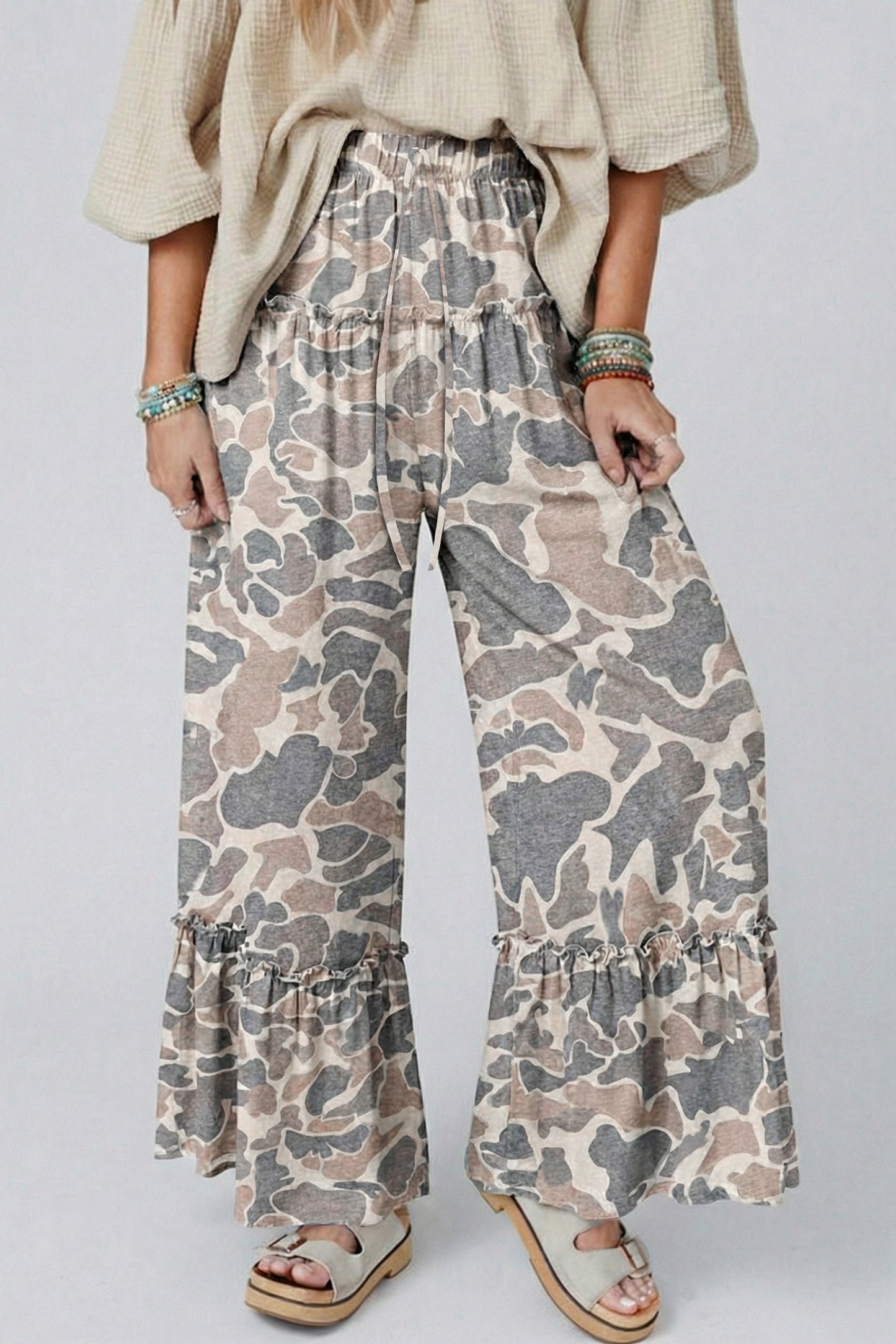 Multicolour Camo Print Wide Leg Casual Pants-Bottoms/Pants & Culotte-[Adult]-[Female]-2022 Online Blue Zone Planet