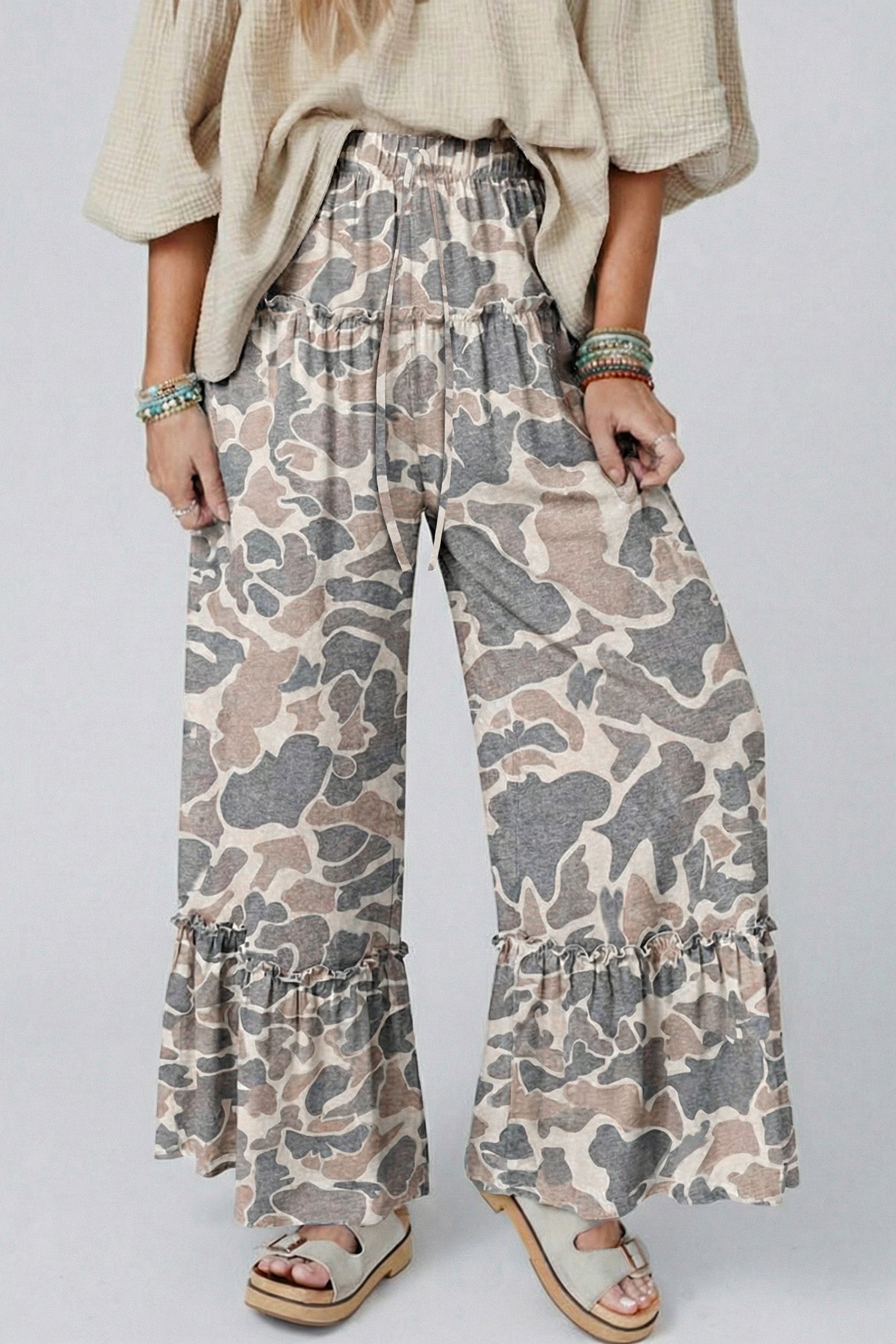 Multicolour Camo Print Wide Leg Casual Pants-Bottoms/Pants & Culotte-[Adult]-[Female]-2022 Online Blue Zone Planet
