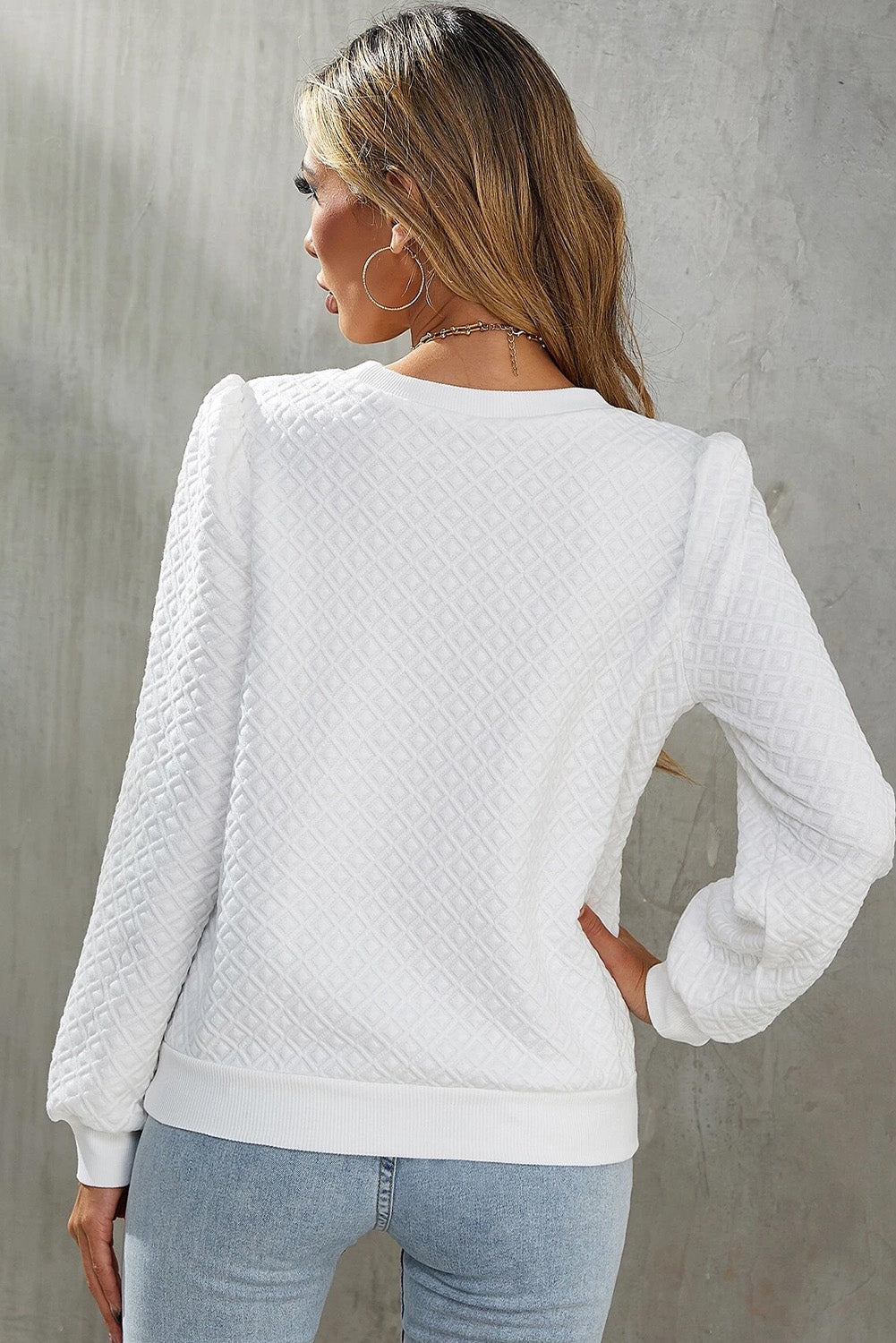 White Textured Puff Long Sleeve Round Neck Top-Tops/Blouses & Shirts-[Adult]-[Female]-2022 Online Blue Zone Planet