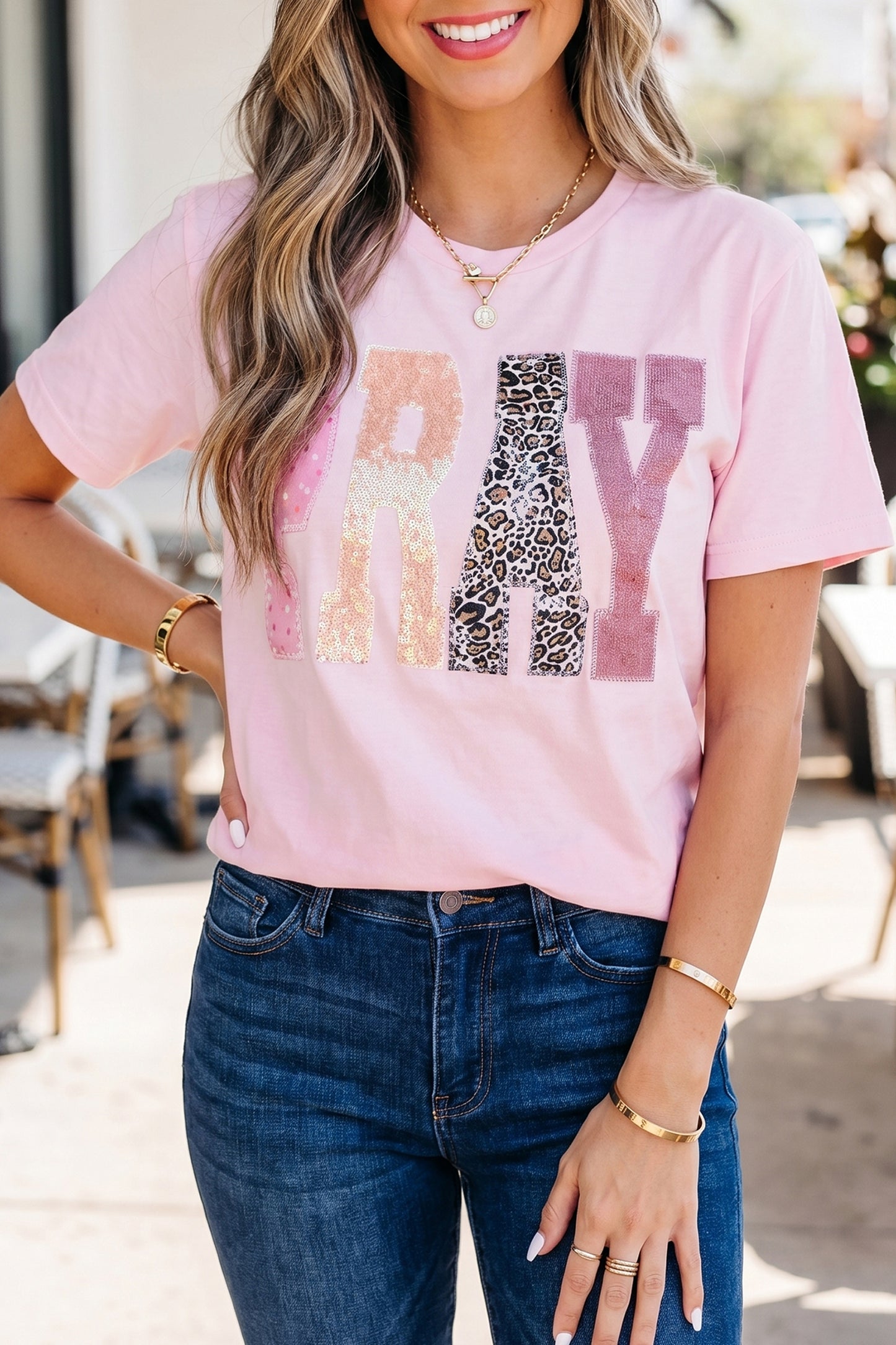 Pink Pray Sequin Leopard Multiple Patched Graphic Tee-Tops/Tops & Tees-[Adult]-[Female]-2022 Online Blue Zone Planet