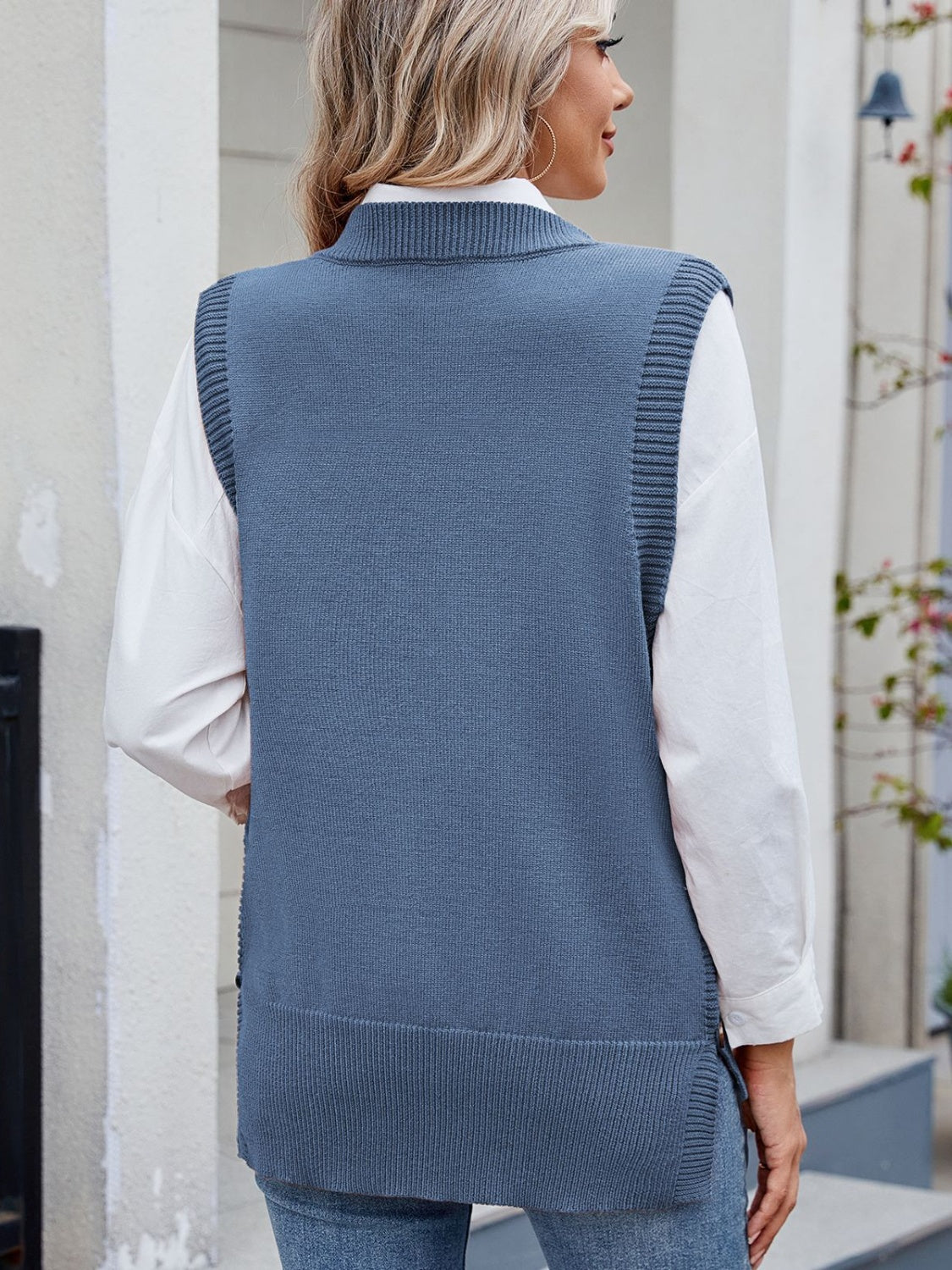 Buttoned Round Neck Sweater Vest-TOPS / DRESSES-[Adult]-[Female]-2022 Online Blue Zone Planet