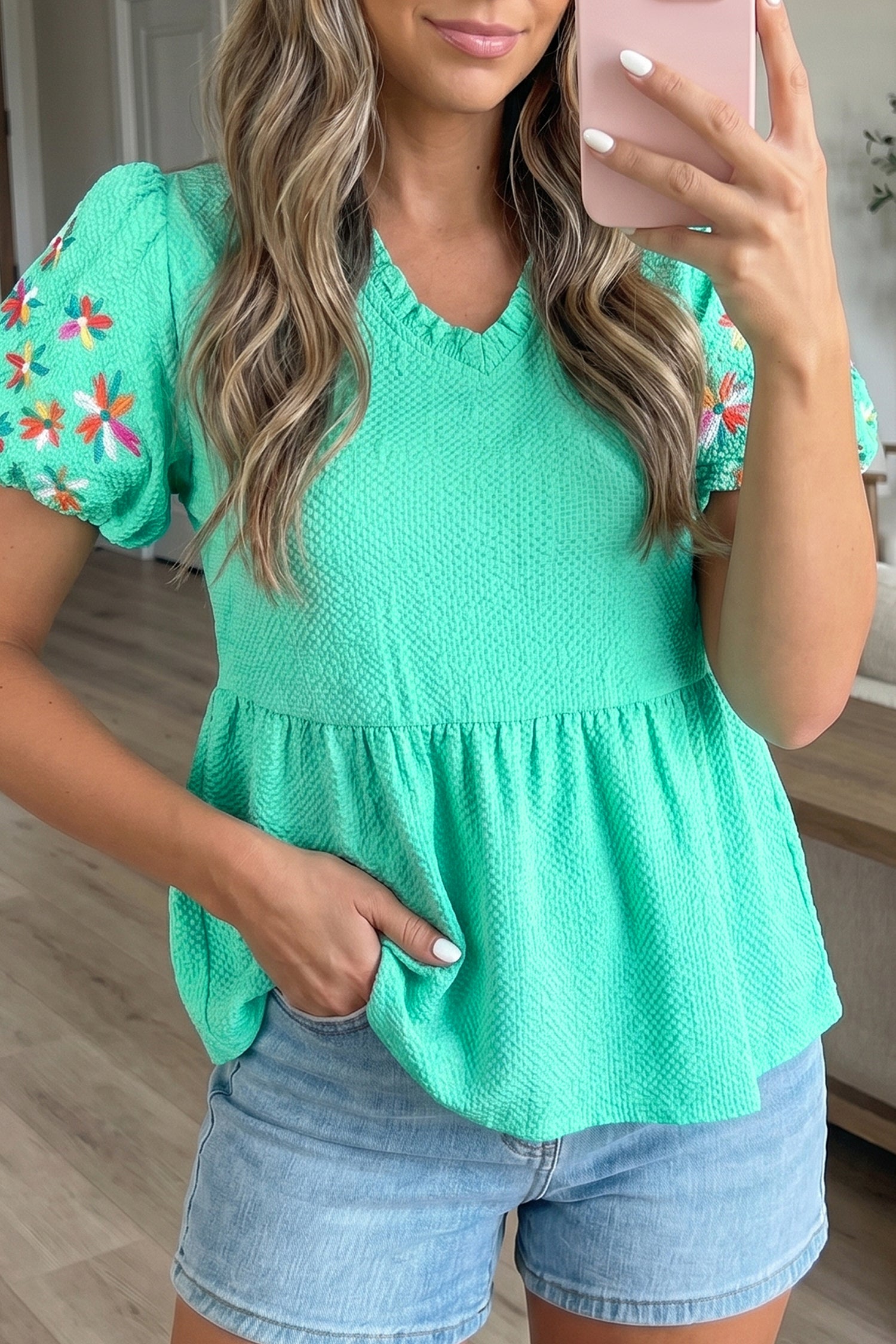Mint Green Frilled V Neck Flower Embroidered Puff Sleeve Textured Blouse-Tops/Blouses & Shirts-[Adult]-[Female]-2022 Online Blue Zone Planet