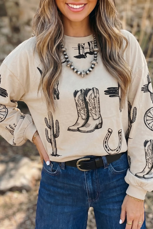 Khaki Western Print Long Sleeve Round Neck Loose Top-Tops/Long Sleeve Tops-[Adult]-[Female]-Khaki-S-2022 Online Blue Zone Planet