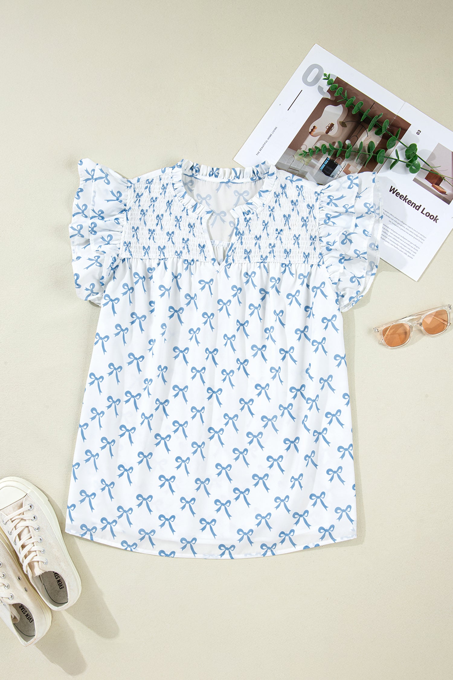 Sky Blue Ruffled Short Sleeve Plus Size Bow Top-Plus Size/Plus Size Tops/Plus Size Blouses & Shirts-[Adult]-[Female]-2022 Online Blue Zone Planet