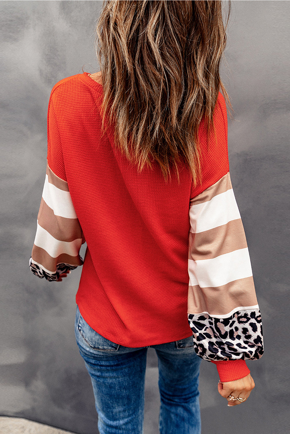 Red Hello Pumpkin Graphic Leopard Striped Colorblock Sleeve V Neck Top-Graphic/Graphic Long Sleeve Tees-[Adult]-[Female]-2022 Online Blue Zone Planet