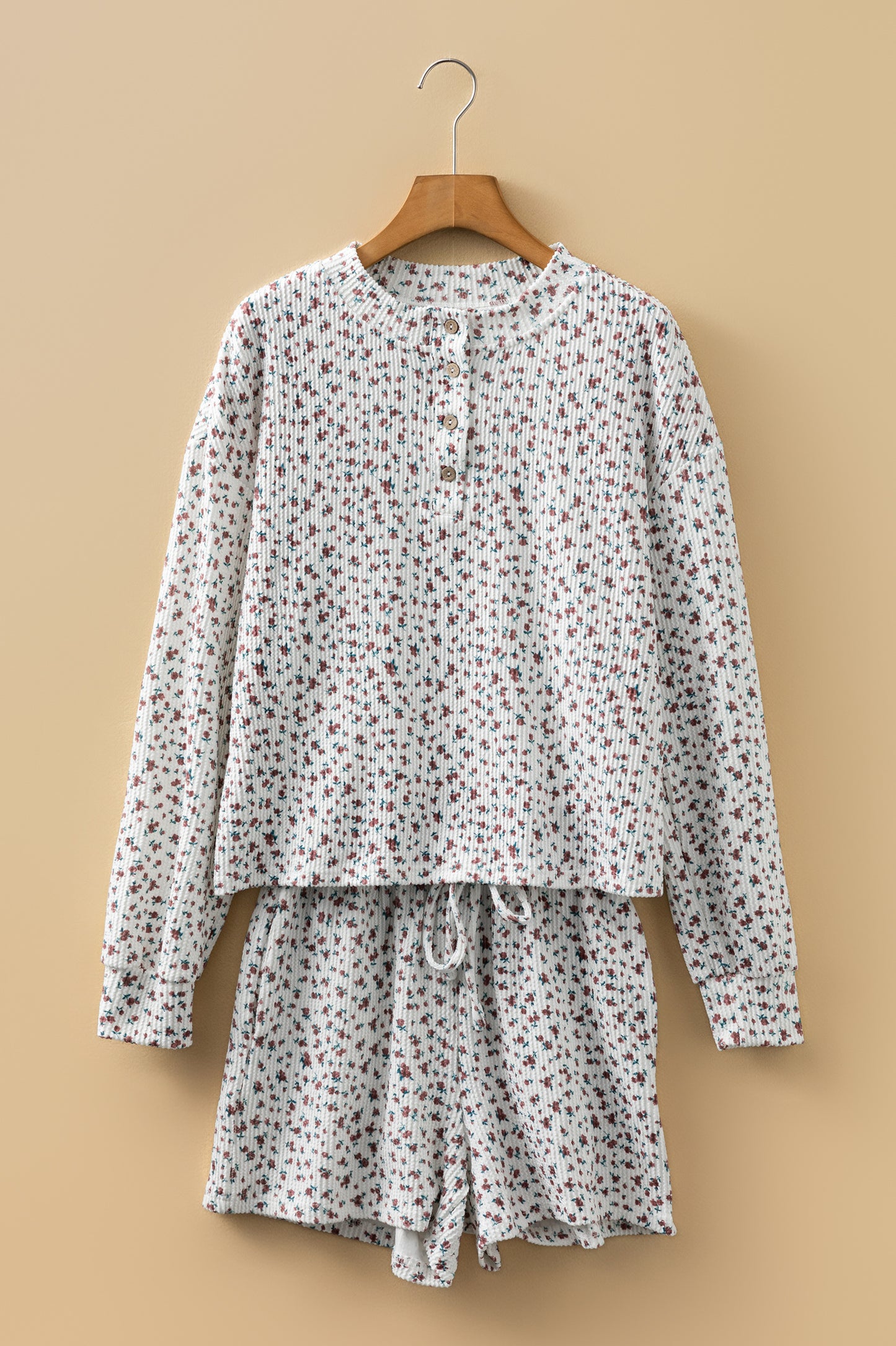 White Spiral Ribbed Floral Print Long Sleeve Henley Top Drawstring Short Set-Two Piece Sets/Short Sets-[Adult]-[Female]-2022 Online Blue Zone Planet