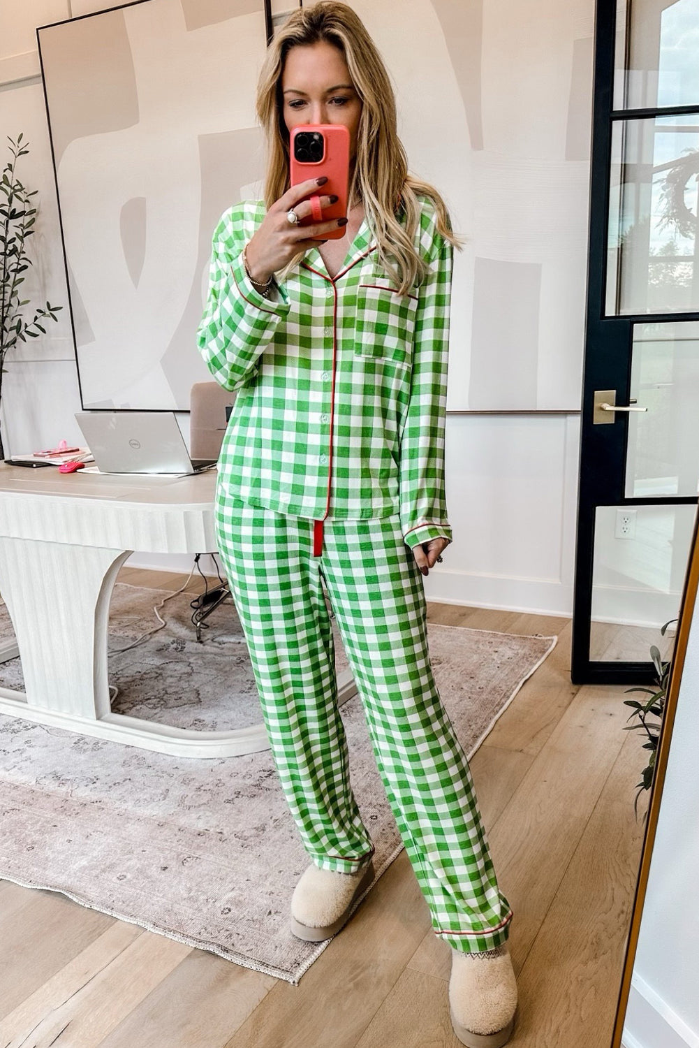 Light Green Plaid Print Shirt and Drawstring Pants Pajama Set-Loungewear Set-[Adult]-[Female]-2022 Online Blue Zone Planet